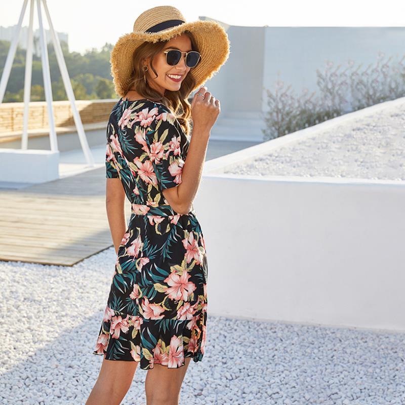 Flower Print V-neck Flared Sleeve Dress