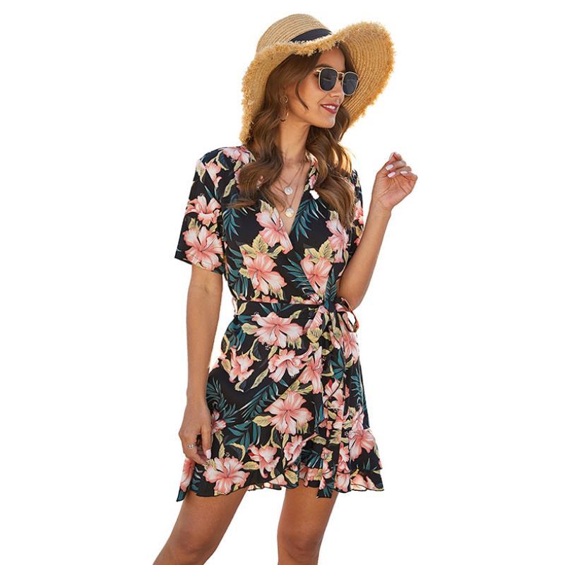 Flower Print V-neck Flared Sleeve Dress