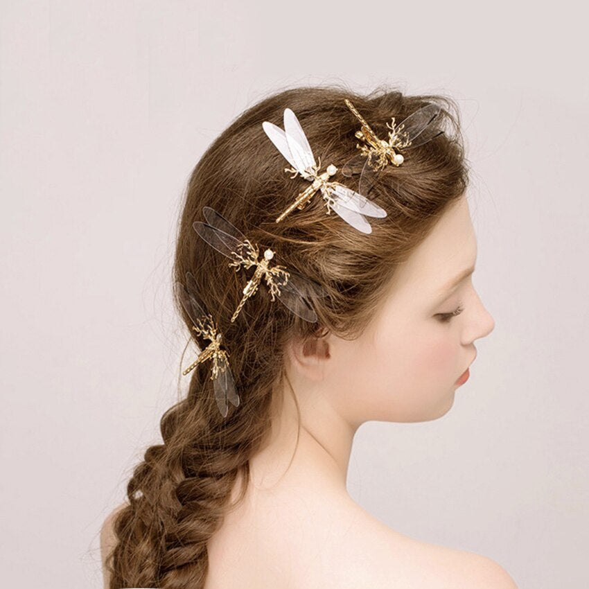 Golden Three-dimensional Dragonfly Hairpin