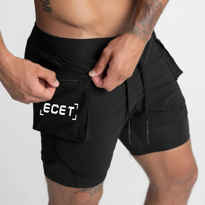 Men New Style  Running Casual Double-Deck Sport Shorts Fitness Room Fitness Train  Quick-Drying Male Zippered Pocket Pants