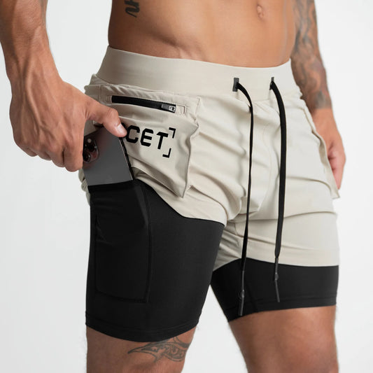 Men New Style  Running Casual Double-Deck Sport Shorts Fitness Room Fitness Train  Quick-Drying Male Zippered Pocket Pants