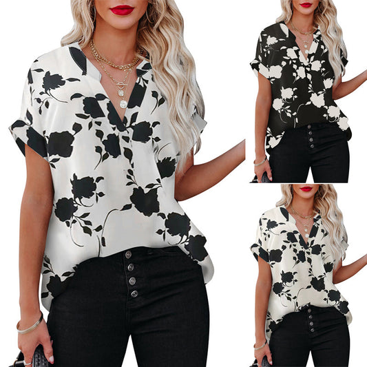 Floral Print Short Sleeve Shirt For Women